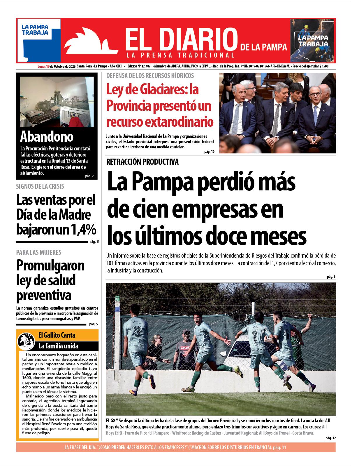 Tapa de El Diario en papel  lunes 19 de octubre de 2026